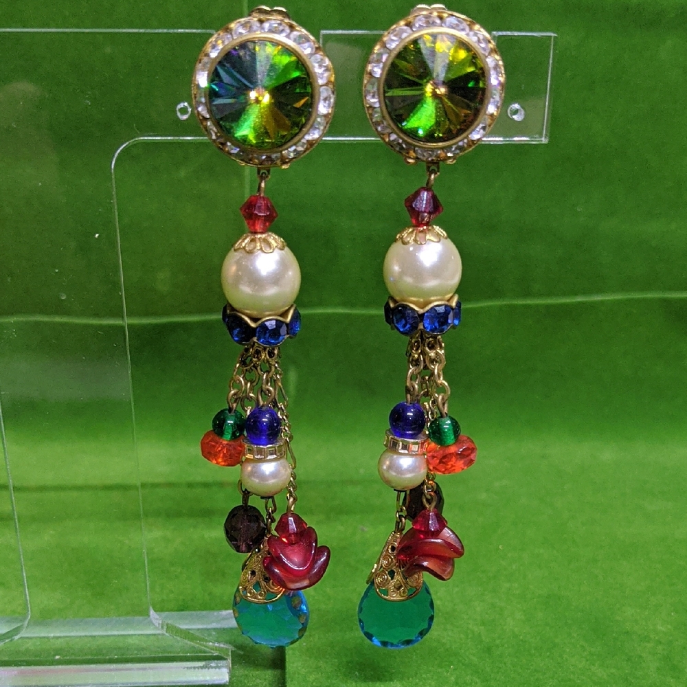 Rivoli-esque Clip On Earrings, Faux Pearls, Crystals, Beads, Chains, AB